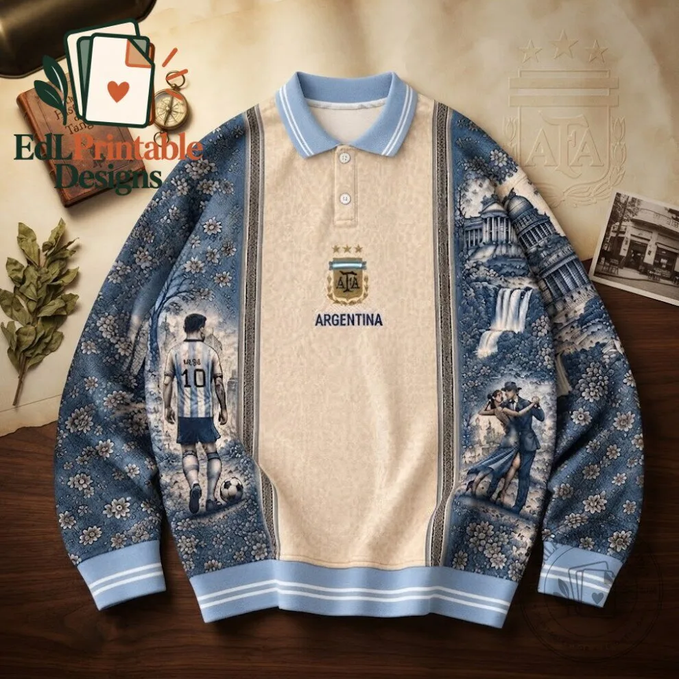 Lionel Messi Argentina Vintage Art Style Polo Shirt
