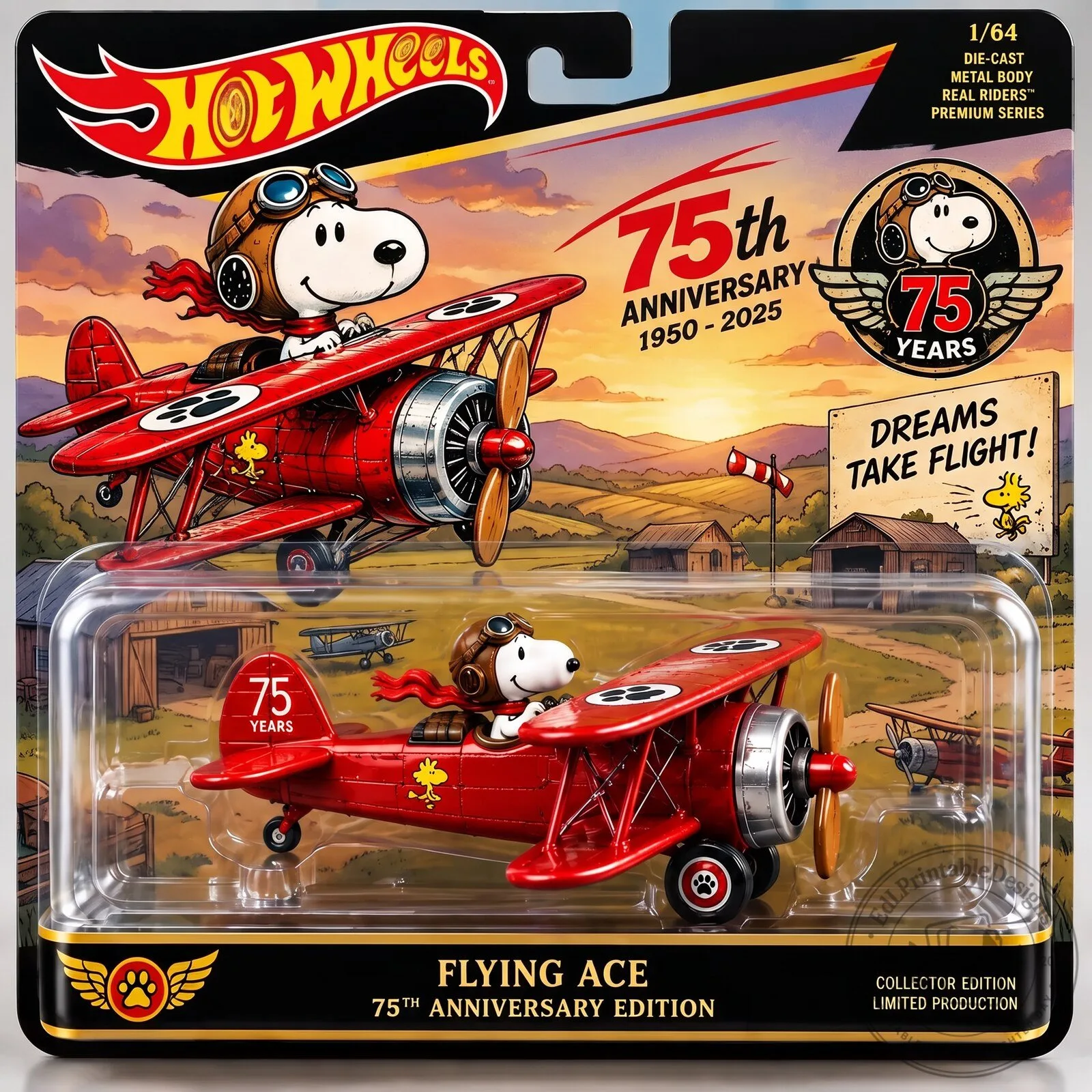 Hot Wheels Snoopy Flying Ace 75th Anniversary Die Cast Metal Body Collector Edition Toy Car